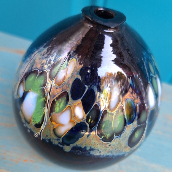 Hand Blown Glass Oil Lamp Orb or Bud Vase Artist Signed Mosaic Color Marble Ball - Picture 2 of 16
